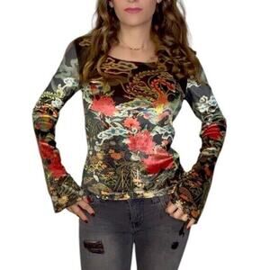 CLIO Vintage 90s Y2K Japanese Floral Velvet Velour Rhinestone Bell Sleeve Top M